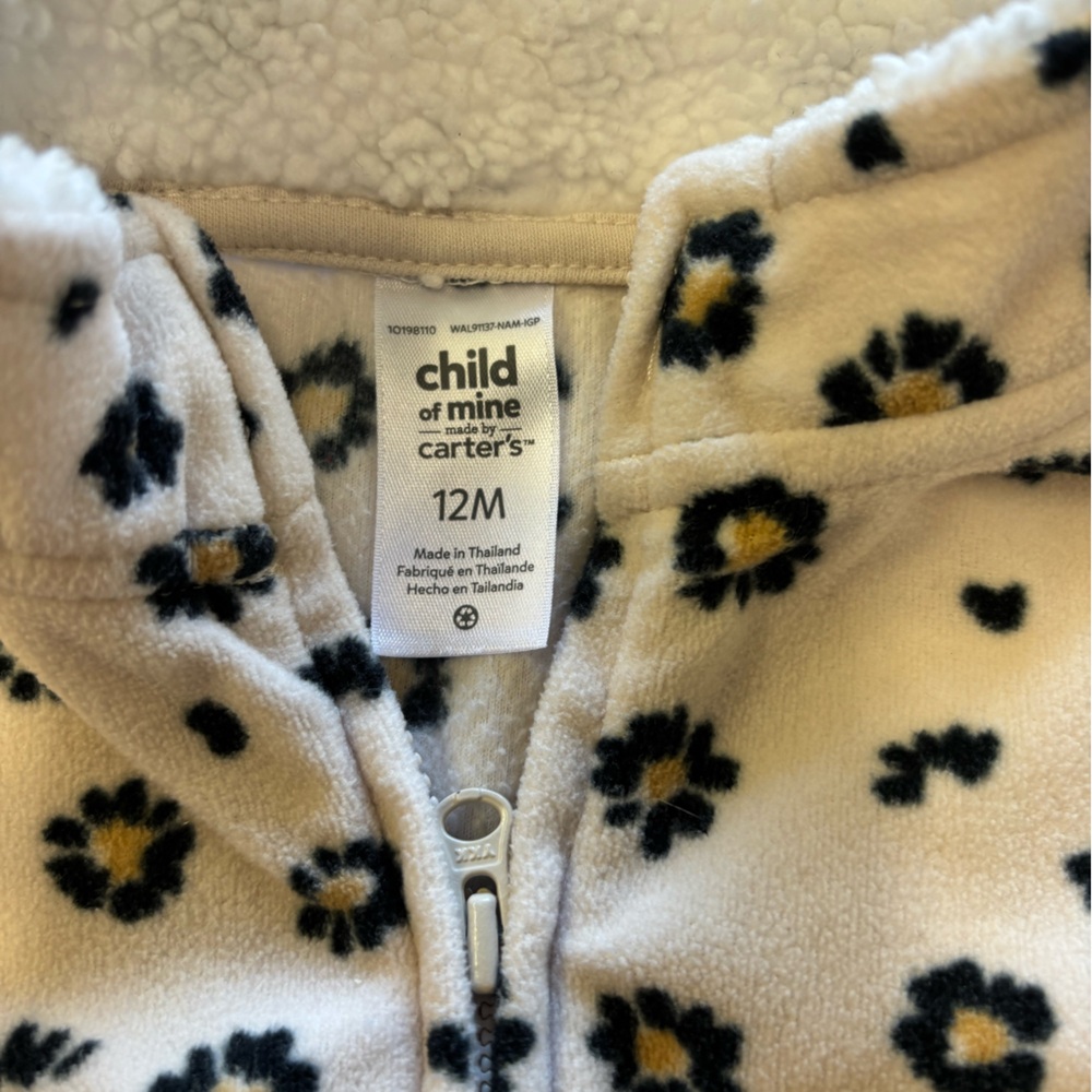 Carter's Cream Fleece Jacket with Black and Gold Floral Design